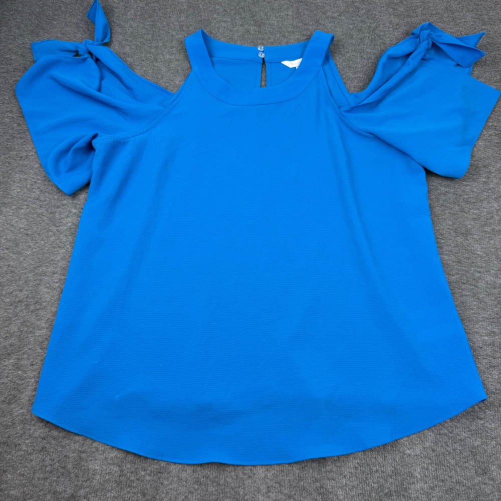 London Times Cold Shoulder Blouse Womens Medium Blue Tie Sleeve Keyhole‎ Back